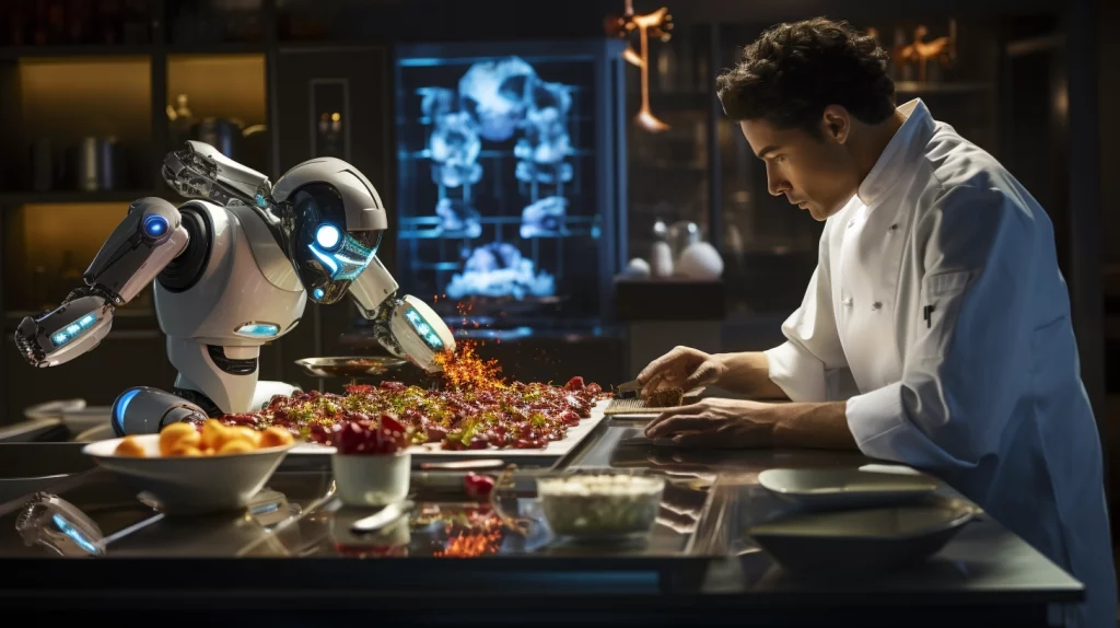 a culinary student using artifical, Culinary Brandintellegence and robots in cooking, strong personal brand
