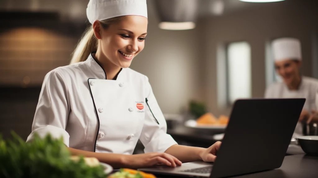 a female culinary student learning cooking online from a laptop screen, Become a chef online