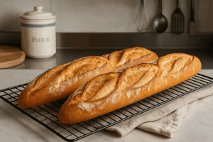 خبز الباجيت الفرنسي الطازج بعد الخَبز، موضوع على شبكة تبريد في مطبخ احترافي
